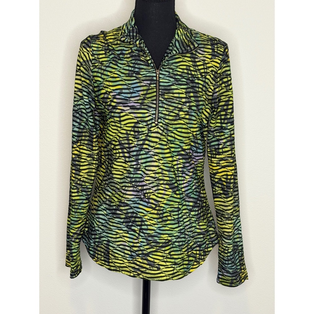 Sno Skins Women's Neon Yellow Black Abstract Zebra Stripe Quarter Zip Pullover M